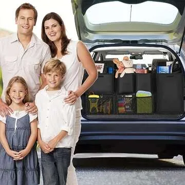 BESULEN Car Trunk Organizer, Hanging Cargo Bag with Large Pockets, Zippers Detachable Seat Back Storage with Lids, Equipped with Elastic Net, Foldable Space Saving Expert for Car, SUV, Van (Black)