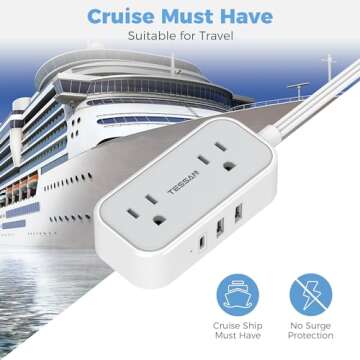 Small Flat Plug Power Strip for Cruise Ship, TESSAN Ultra Thin Extension Cord with 3 USB (1 USB C) a...