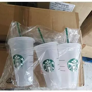 Starbucks Reusable 3 Hard Plastic Venti 24 oz Frosted Ice Cold Drink Cup With Lid and Green Straw w/Stopper