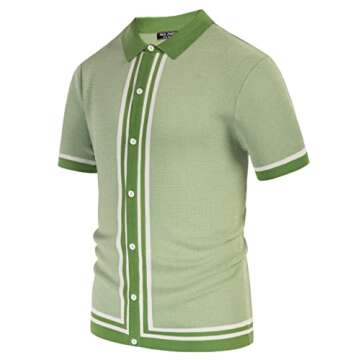 Mens Knitted Short Sleeve Polo Stylish Polo Cardigan Stripe Button Up Knitshirt Green L