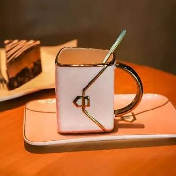 FLLETY Coffee Mug,Tea Cup Set,Coffee Cups Ceramic Travel Mug,Handbag Shaped Mug With Saucer And Spoon,Halloween Mugs With Gift Box For Women (Pink)