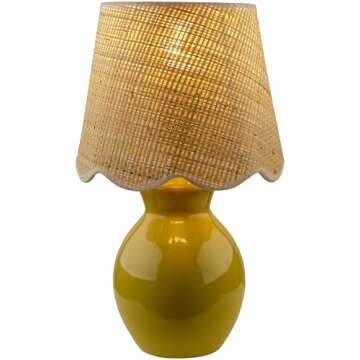 BoutiqueRugs Salgareda Boho Ceramic and Jute Bedside Table Lamp for Bedroom Nightstand - End Side Lighting for Living Room - Shade Rattan - Mustard, Beige - 15" H