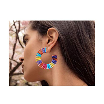 Geometric Octagon Hoop Earrings Raffia Handmade Earrings Statement Earrings for Women