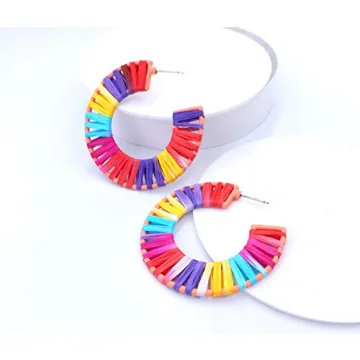 Geometric Octagon Hoop Earrings Raffia Handmade Earrings Statement Earrings for Women