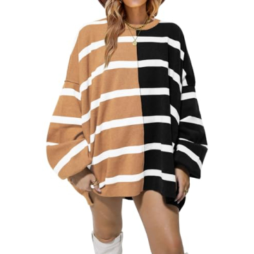 Fisoew Womens Striped Pullover Sweater Crew Neck Long Sleeve Knitted Color Block Casual Loose Lightw...