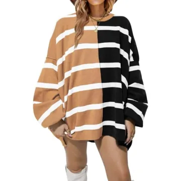 Fisoew Womens Striped Pullover Sweater Crew Neck Long Sleeve Knitted Color Block Casual Loose Lightw...