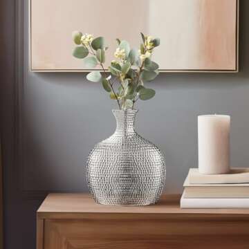 Torre & Tagus Helio 10" Tall Handmade Silver Decorative Vase with Hammered Texture, Traditional Flow...