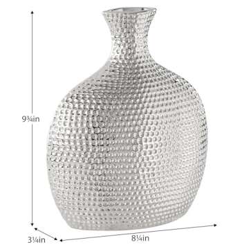 Torre & Tagus Helio 10" Tall Handmade Silver Decorative Vase with Hammered Texture, Traditional Flower Vase Chrome Decor, Chrome Vases Home Decor, Silver Table Decor Modern Wedding Decor (8.25x9.75)