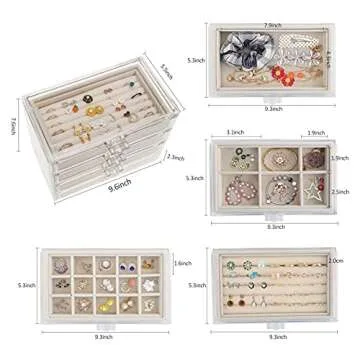 Ditucu Clear Acrylic Jewelry Box with 4 Drawers Removable Divided Jewelry Organizer For Earring Necklace Ring & Bracelet Clear and Rings Jewelry Display Storage For Women Beige