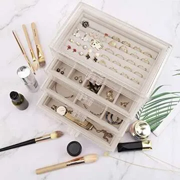 Ditucu Clear Acrylic Jewelry Box with 4 Drawers Removable Divided Jewelry Organizer For Earring Necklace Ring & Bracelet Clear and Rings Jewelry Display Storage For Women Beige