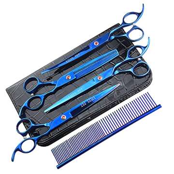 LILYS PET Professional PET DOG Grooming Coated Titanium scissors suit Cutting&Curved&Thinning shears (7.0 inches, Blue)…