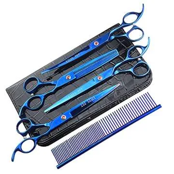 LILYS PET Professional PET DOG Grooming Coated Titanium scissors suit Cutting&Curved&Thinning shears (7.0 inches, Blue)…