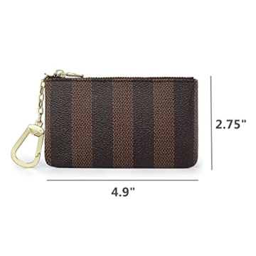 Rauder Luxury Zip Key Chain Pouch | Mini Coin Purse Wallet Card Holder with Clasp | for Men Women - Coated Canvas (Brown Stripe)