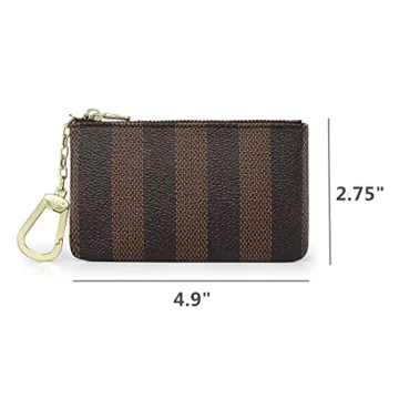Rauder Luxury Zip Key Chain Pouch | Mini Coin Purse Wallet Card Holder with Clasp | for Men Women - Coated Canvas (Brown Stripe)