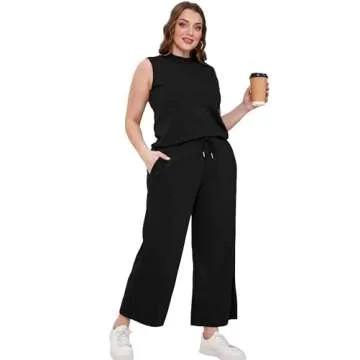 SAMPEEL Two Piece Set for Women Casual Lounge Sets Summer Outfits Matching Sets Women Clothing Business Casual Vacation Travel Outfits Wide Leg Crop Pants Mock Neck Tops Set Black 2025 M