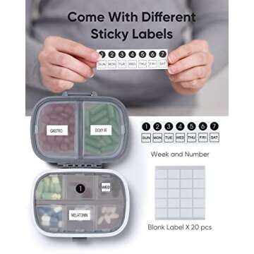 Holii Travel Pill Organizer - Portable 8 Compartment Pill Case for Daily Vitamins and Medications