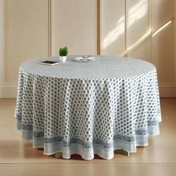 CPC Round Tablecloth- Cotton Indian Block Print Tablecloth -Handmade Printed Washable Cotton Table Cloth - Spring/Summer, Weding Table Cover - Apatite Blue 110 Inch