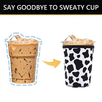 YR Reusable Neoprene Insulator Sleeve for Iced Coffee Cups, 3 Pack Coffee Coolies sleeves for Iced & Hot Drinks, Cold Beverage Cooler Compatible with Starbucks Dunkin Coffee and More (Cow)