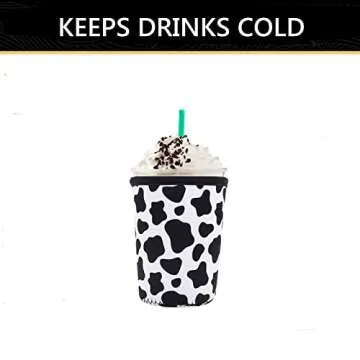 YR Reusable Neoprene Insulator Sleeve for Iced Coffee Cups, 3 Pack Coffee Coolies sleeves for Iced & Hot Drinks, Cold Beverage Cooler Compatible with Starbucks Dunkin Coffee and More (Cow)