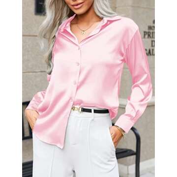 Zeagoo Women's Button Down Shirts Satin Silk Long Sleeve Business Office Blouses Tops Pink M