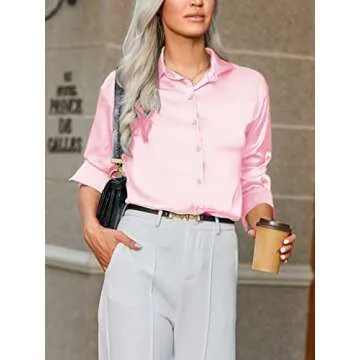 Zeagoo Women's Button Down Shirts Satin Silk Long Sleeve Business Office Blouses Tops Pink M