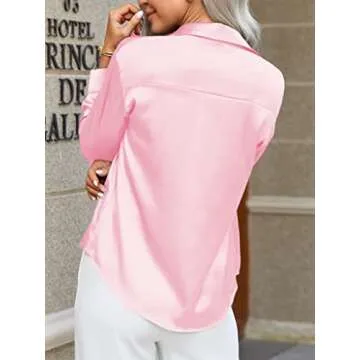Zeagoo Women's Button Down Shirts Satin Silk Long Sleeve Business Office Blouses Tops Pink M