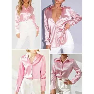 Zeagoo Women's Button Down Shirts Satin Silk Long Sleeve Business Office Blouses Tops Pink M