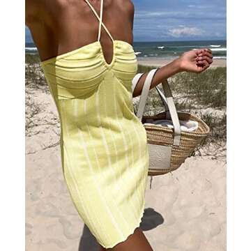 Women Summer Sexy Dress Halter Sleeveless Bodycon Casual Party Tank Top Dress Straps Midi Spaghetti Dress (#21-Yellow, M)