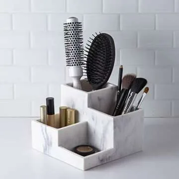 BINO Multi Purpose 4 Compartment Organizer - Make up Organizer for Vanity - Makeup Holders for Bathroom - Toiletry Organizer Countertop - Toothbrush and Bathroom Accessories Holder - Matte Marble