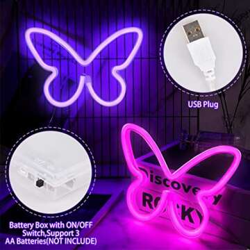 BRIGHTDECK 3 Pcs Butterfly Neon Signs, Neon Light for Bedroom, USB or 3-AA Battery Powered LED Wall ...