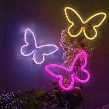 BRIGHTDECK 3 Pcs Butterfly Neon Signs, Neon Light for Bedroom, USB or 3-AA Battery Powered LED Wall Décor for Valentines Day Birthday Gift, Wedding, Party, Home Decor (Pink, Purple, Warm white)