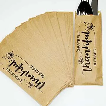Thankful Grateful and Blessed Silverware Bags - Utensil Holders For Thanksgiving Table Decoration - Rustic Kitchen Decor - Autumn Harvest Decorations - Pocket Sleeves - Flat 2.8" x 7.5" - Pack of 50
