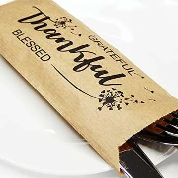 Thankful Grateful and Blessed Silverware Bags - Utensil Holders For Thanksgiving Table Decoration - Rustic Kitchen Decor - Autumn Harvest Decorations - Pocket Sleeves - Flat 2.8" x 7.5" - Pack of 50