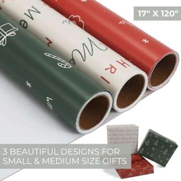 Beautiful Christmas Gift Wrapping Paper Rolls For Small & Medium Size Gifts - Set of 3 Quality Paper Rolls With Cute Designs - Add a Touch of Magic to Every Gift You Wrap - 17 in x 120 in Per Roll
