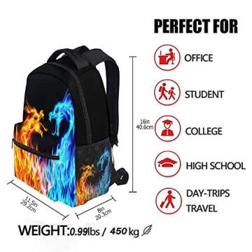 Kcldeci Fire Dragon Waterproof School Backpack for Kids