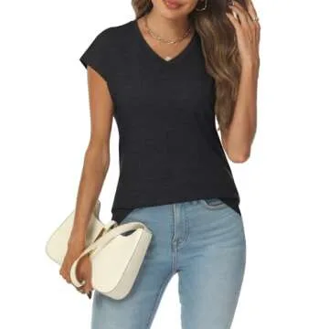 LILLUSORY V Neck T Shirts for Women Cap Sleeve Business Casual Tops Summer Cute Beach Vacation Clothes Basics Tees Black M