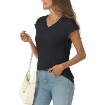LILLUSORY V Neck T Shirts for Women Cap Sleeve Business Casual Tops Summer Cute Beach Vacation Clothes Basics Tees Black M