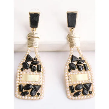 Black Champagne Bottle Earrings for Women Margarita Tequila Earrings Crystal Cocktail Wine Glass Dangle Earrings Party Celebration Jewelry Gifts