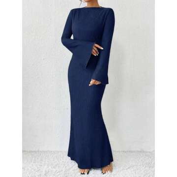Narecte Fall Dresses for Women 2024 Maxi Dresses Solid Color Boho Dresses Flare Sleeve Dress Bodycon Dresses Navy Blue S