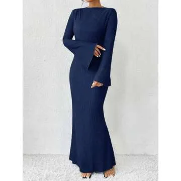 Narecte Fall Dresses for Women 2024 Maxi Dresses Solid Color Boho Dresses Flare Sleeve Dress Bodycon Dresses Navy Blue S