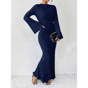Narecte Fall Dresses for Women 2024 Maxi Dresses Solid Color Boho Dresses Flare Sleeve Dress Bodycon Dresses Navy Blue S