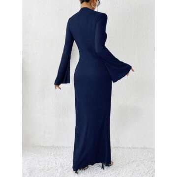 Narecte Fall Dresses for Women 2024 Maxi Dresses Solid Color Boho Dresses Flare Sleeve Dress Bodycon Dresses Navy Blue S
