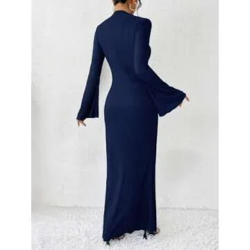 Narecte Fall Dresses for Women 2024 Maxi Dresses Solid Color Boho Dresses Flare Sleeve Dress Bodycon Dresses Navy Blue S