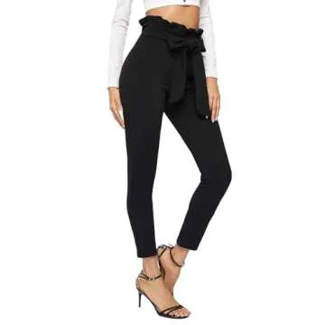 Floerns Women's High Waist Paper Bag Work Pants Stretchy Trouser with Belt A Black M