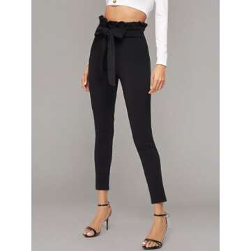 Floerns Women's High Waist Paper Bag Work Pants Stretchy Trouser with Belt A Black M