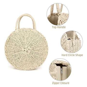 Women's Straw Summer Beach Bag - Handwoven Round Rattan Cross Body Shoulder Messenger Satchel (Beige)