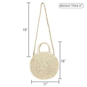 Women's Straw Summer Beach Bag - Handwoven Round Rattan Cross Body Shoulder Messenger Satchel (Beige)