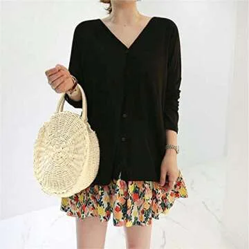 Women's Straw Summer Beach Bag - Handwoven Round Rattan Cross Body Shoulder Messenger Satchel (Beige)