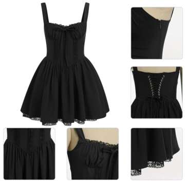 OBEEII Corset Mini Dress for Women Sleeveless Backless Low Cut Lace Mini Dress Ruffle Short Summer Sundress for Wedding Guest Graduation Homecoming Club Party Going Out Black S