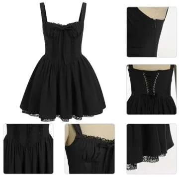 OBEEII Corset Mini Dress for Women Sleeveless Backless Low Cut Lace Mini Dress Ruffle Short Summer Sundress for Wedding Guest Graduation Homecoming Club Party Going Out Black S